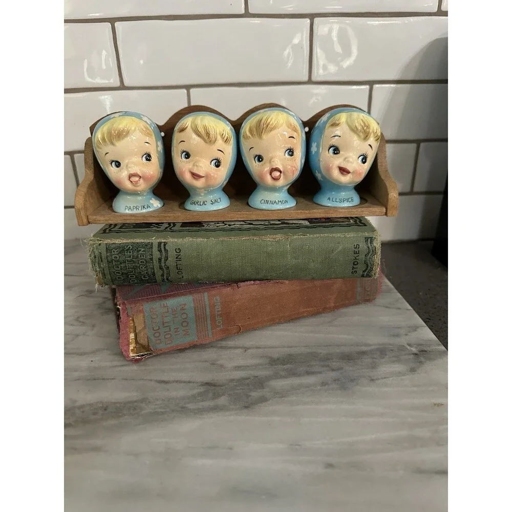 Vtg Napco Miss Cutie Pie Blue Spice Shaker Set Paprika Allspice Cinnamon Garlic